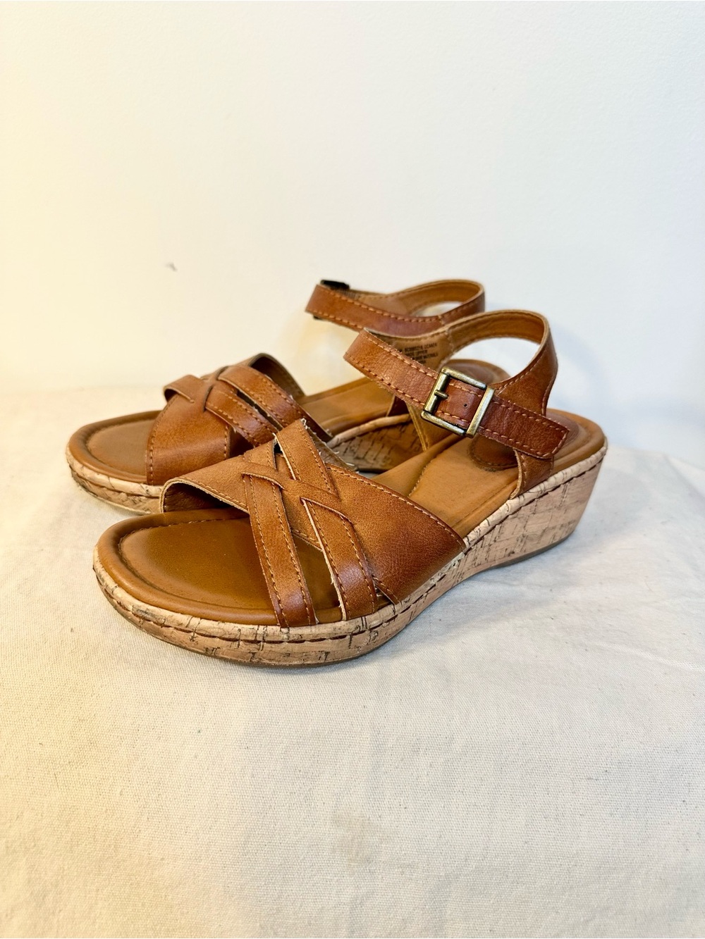 b.o.c. Tan Brown Leather Wedge Sandals with Ankle Strap